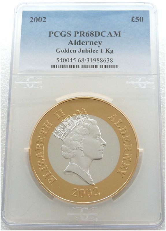 2002 Alderney Golden Jubilee £50 Silver Proof Kilo Coin PCGS PR68 DCAM