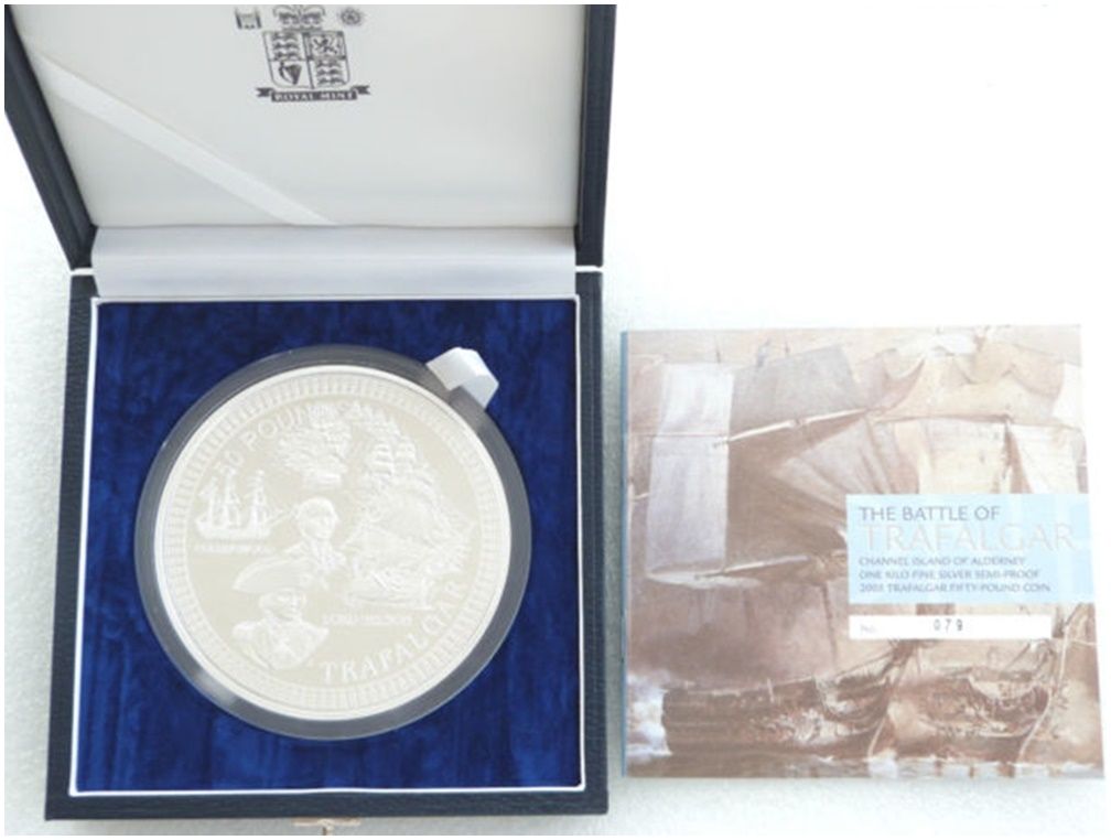 2005 Alderney Battle of Trafalgar £50 Silver Proof Kilo Coin Box Coa