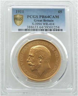 1911 George V Coronation £5 Five Pound Sovereign Gold Proof Coin PCGS PR64 CAM