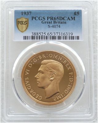 1937 George VI Coronation £5 Five Pound Sovereign Gold Proof Coin PCGS PR65 DCAM