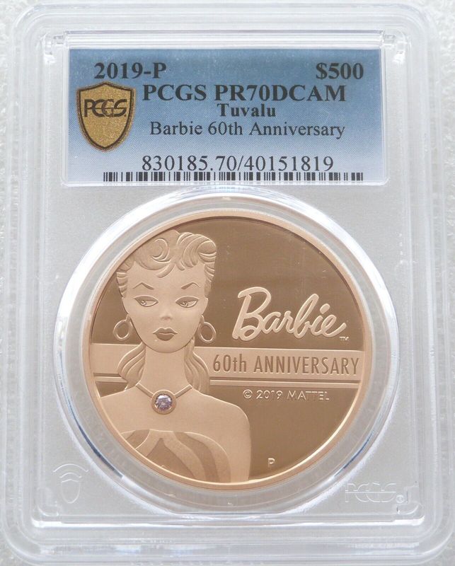 2019 Tuvalu Barbie 60th Anniversary Argyle Pink Diamond $500 Gold Proof 2oz Coin PCGS PR70 DCAM