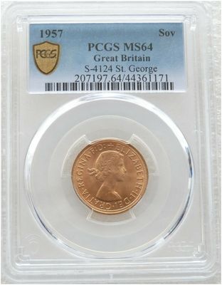 1957 St George and the Dragon Full Sovereign Gold Coin PCGS MS64