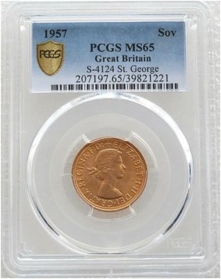 1957 St George and the Dragon Full Sovereign Gold Coin PCGS MS65