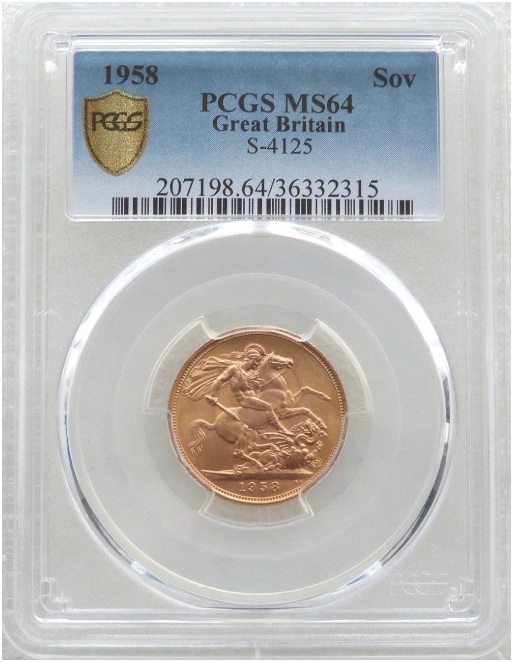 1958 St George and the Dragon Full Sovereign Gold Coin PCGS MS64