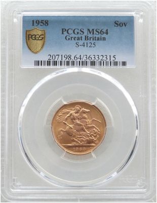1958 St George and the Dragon Full Sovereign Gold Coin PCGS MS64