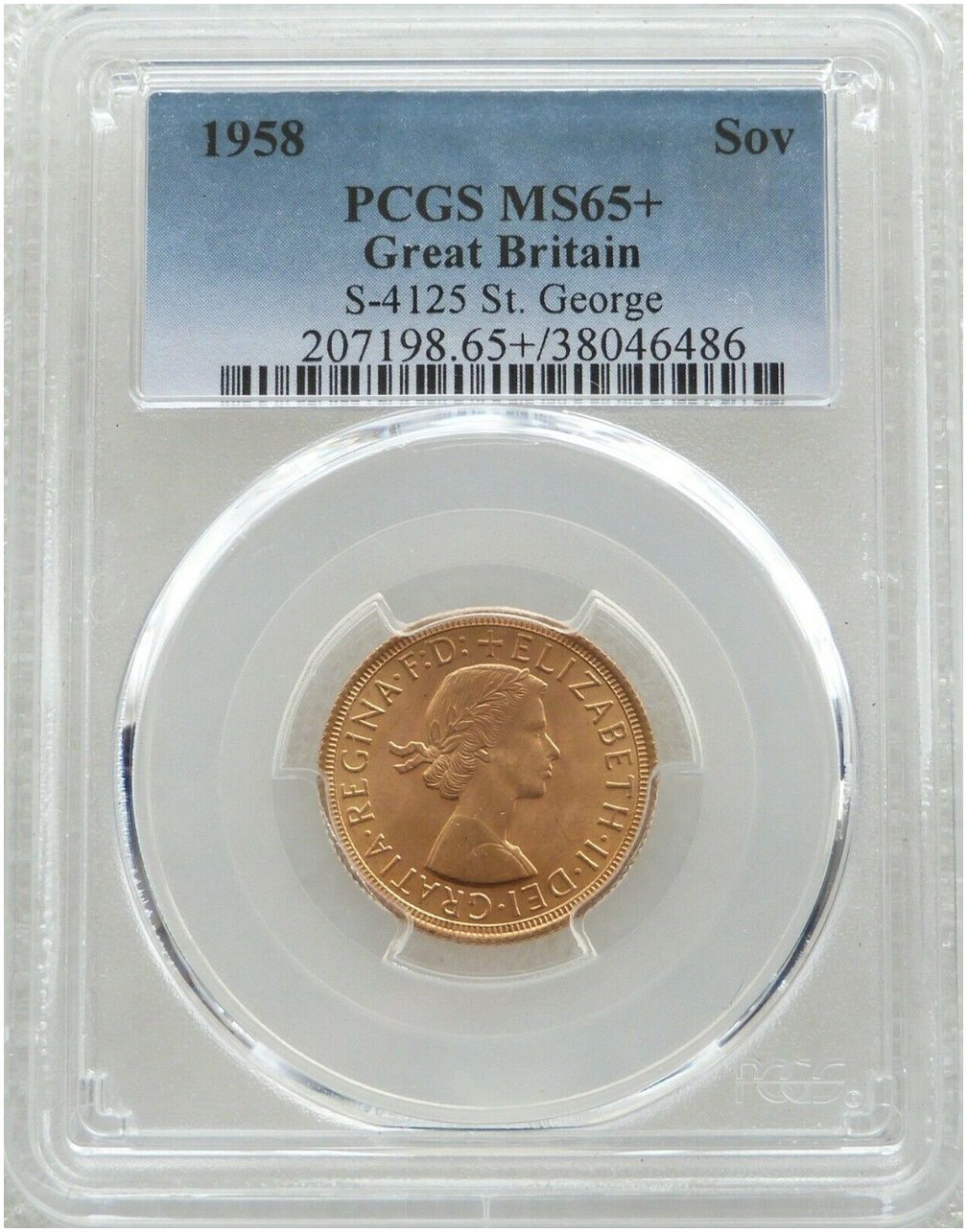 1958 St George and the Dragon Full Sovereign Gold Coin PCGS MS65+