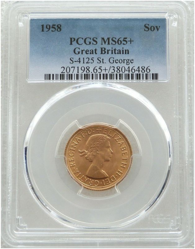 1958 St George and the Dragon Full Sovereign Gold Coin PCGS MS65+