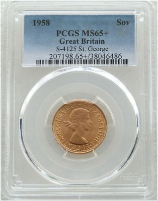 1958 St George and the Dragon Full Sovereign Gold Coin PCGS MS65+