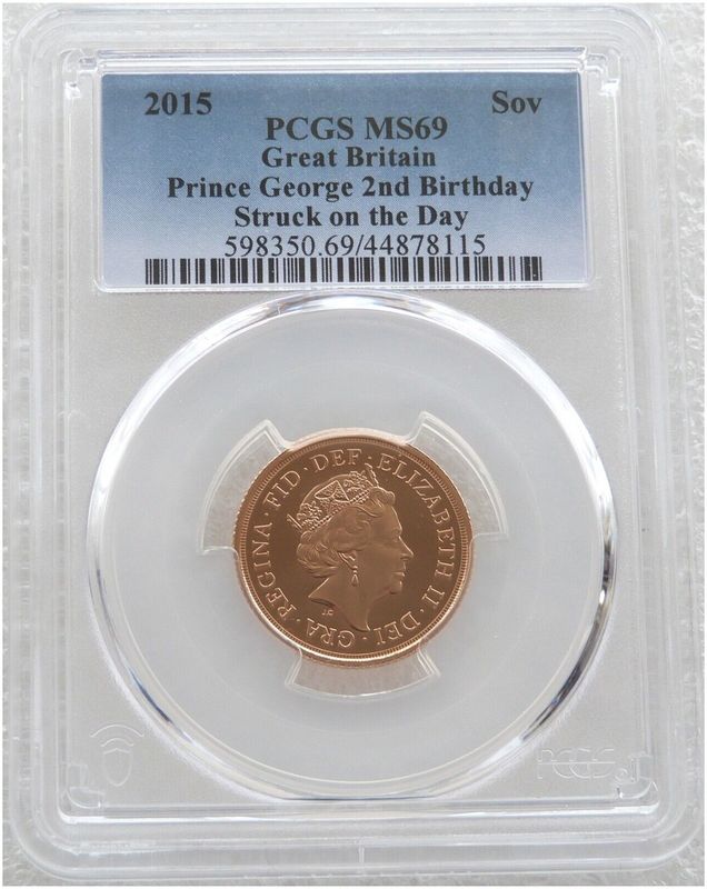 2015 Struck on the Day Prince George Second Birthday Full Sovereign Gold Coin PCGS MS69