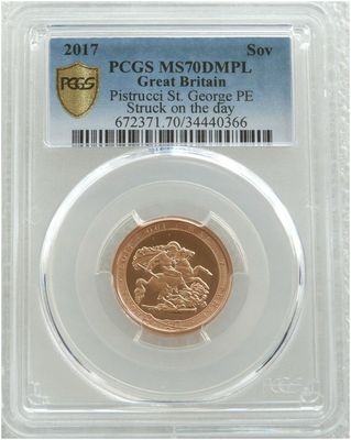 2017 Struck on the Day Pistrucci Full Sovereign Gold Coin PCGS MS70 DMPL - Plain Edge