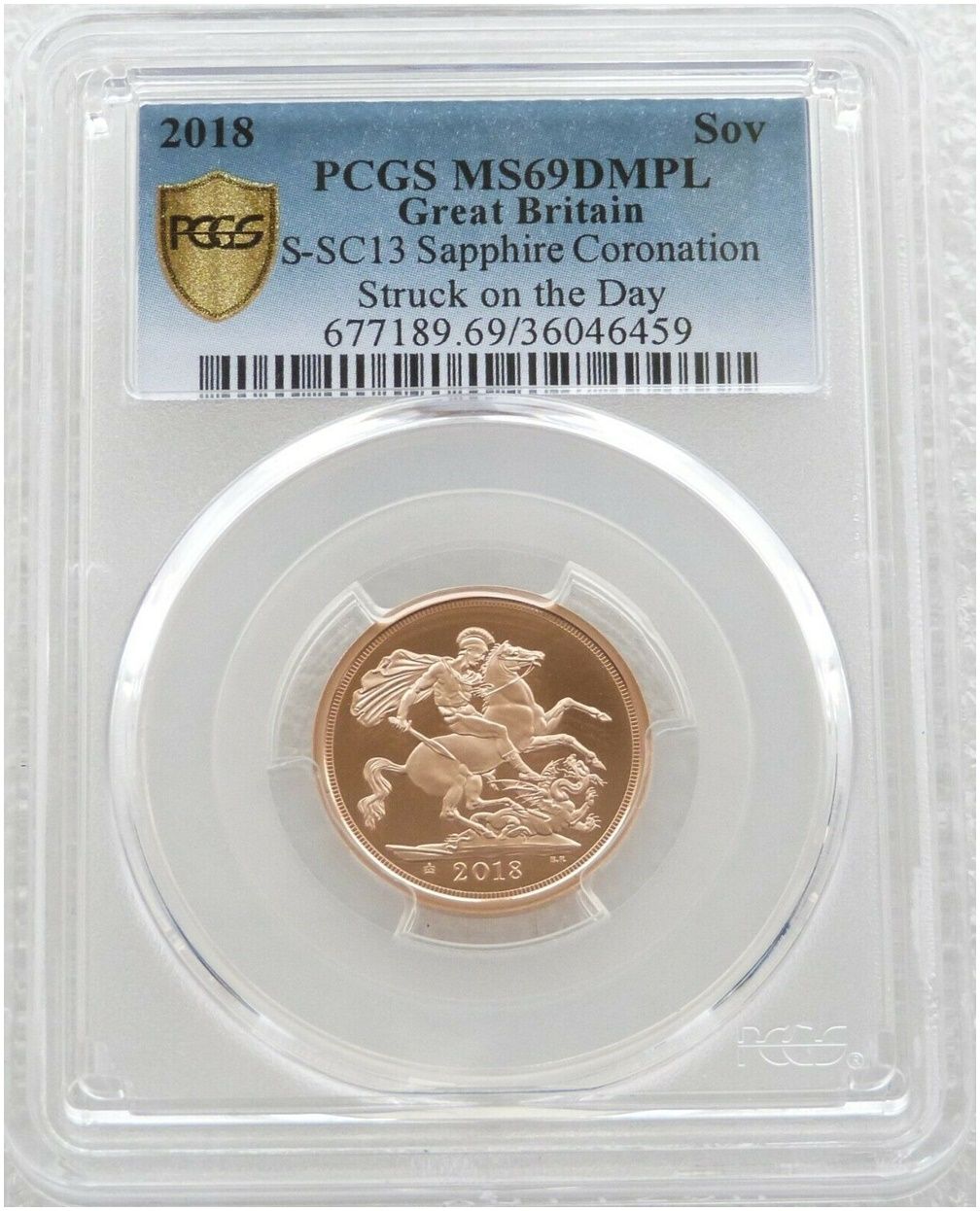 2018 Struck on the Day Sapphire Coronation Full Sovereign Gold Coin PCGS MS69 DMPL - Plain Edge