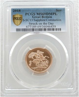 2018 Struck on the Day Sapphire Coronation Full Sovereign Gold Coin PCGS MS69 DMPL - Plain Edge