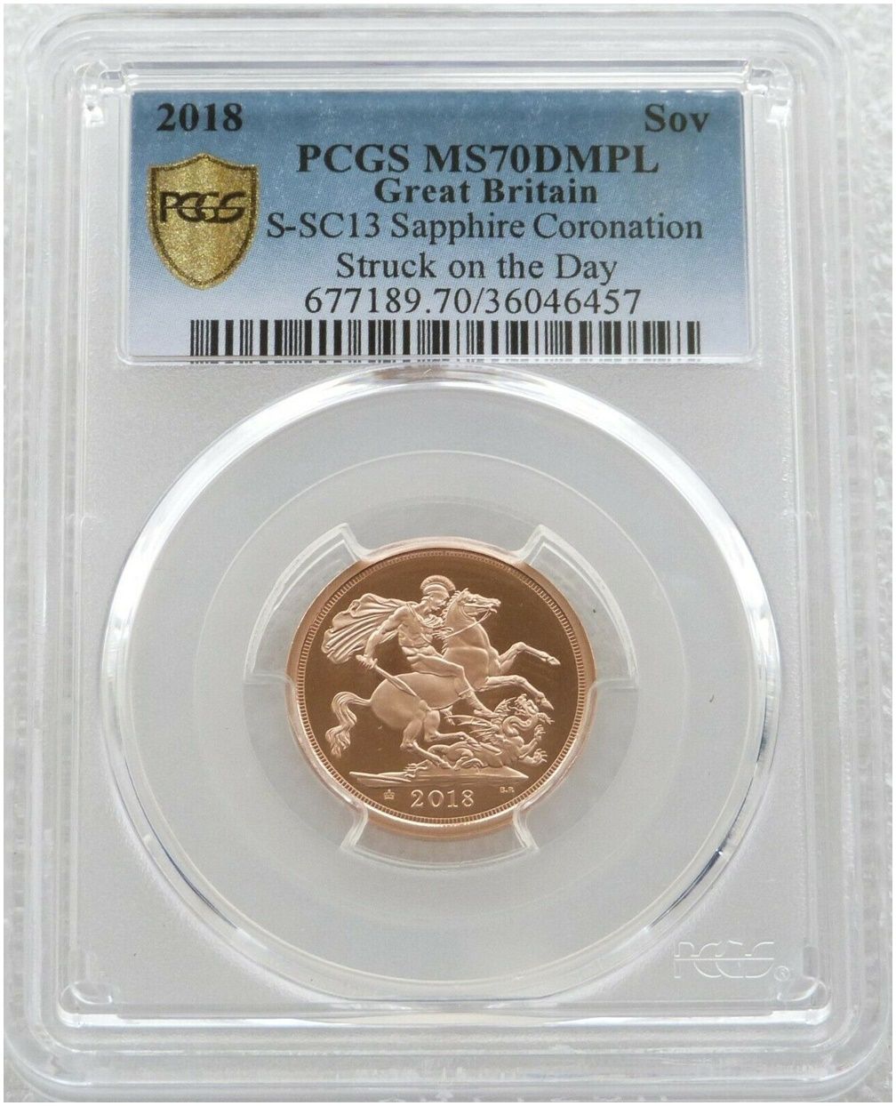 2018 Struck on the Day Sapphire Coronation Full Sovereign Gold Coin PCGS MS70 DMPL - Plain Edge