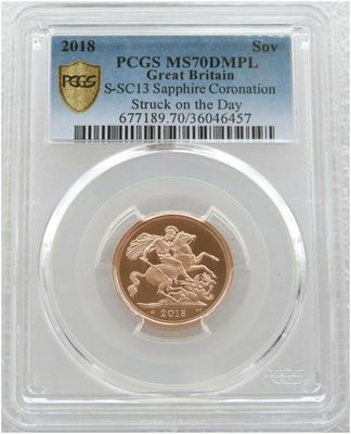 2018 Struck on the Day Sapphire Coronation Full Sovereign Gold Coin PCGS MS70 DMPL - Plain Edge