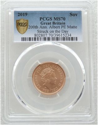 2019 Struck on the Day Birth of Prince Albert Full Sovereign Gold Matte Coin PCGS MS70 - Plain Edge