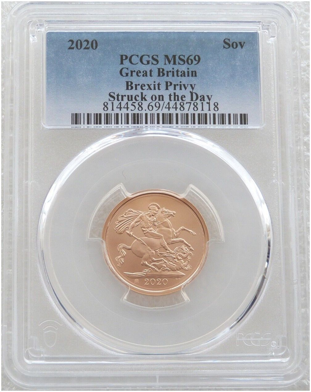 2020 Struck on the Day Withdrawal from the EU Brexit Full Sovereign Gold Matte Coin PCGS MS69