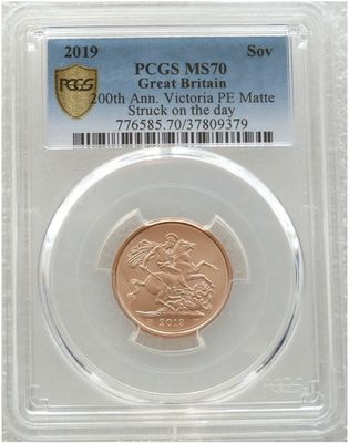 2019 Struck on the Day Birth of Queen Victoria Full Sovereign Gold Matte Coin PCGS MS70 - Plain Edge
