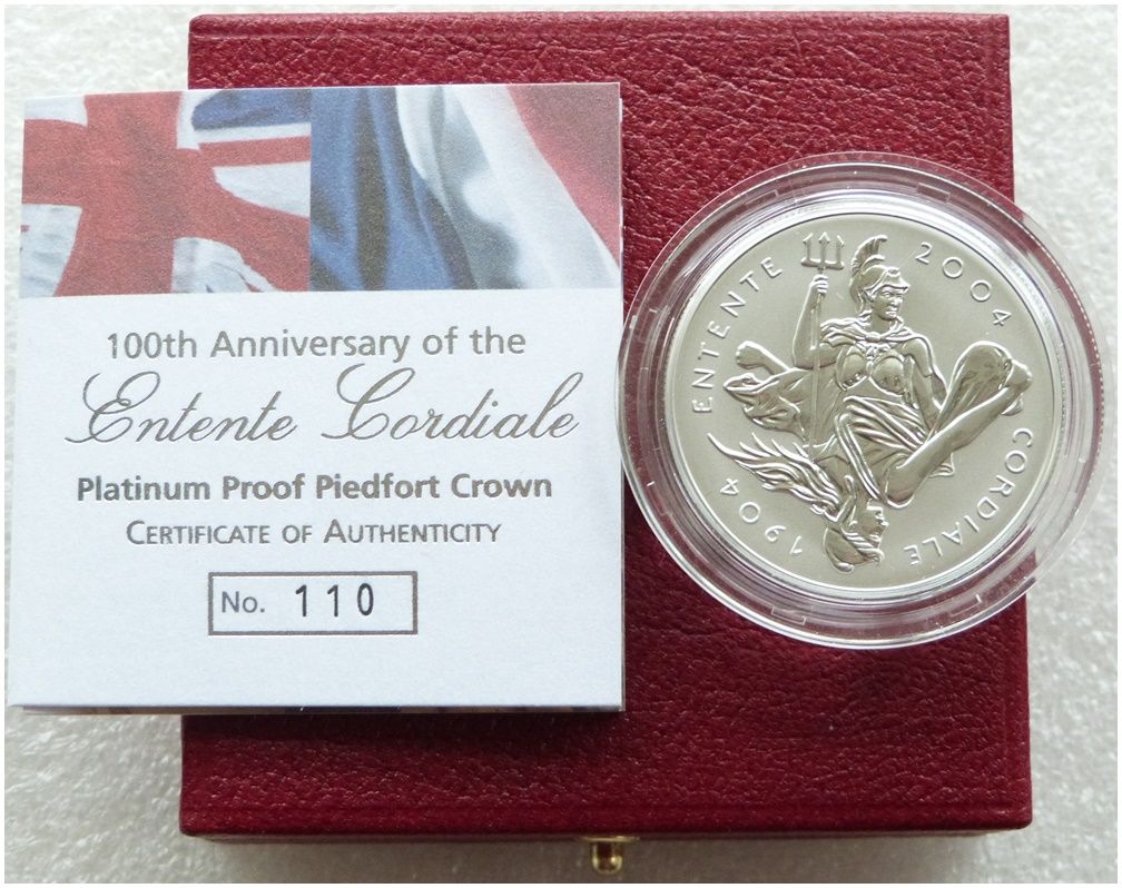 2004 Entente Cordiale Piedfort £5 Platinum Proof 3oz Coin Box Coa