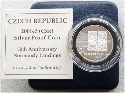 1994 Czech Republic Normandy D-Day Landings 50th Anniversary 200KC Silver Proof Coin Box Coa