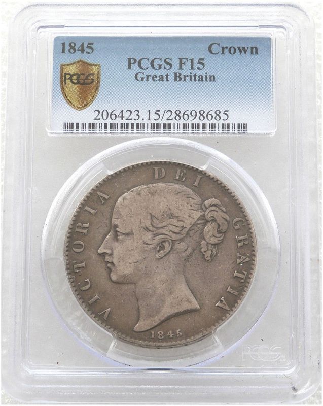 1845 Victoria Young Head Crowned Shield Crown Silver Coin Star Stops PCGS F15