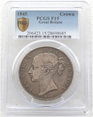 1845 Victoria Young Head Crowned Shield Crown Silver Coin Star Stops PCGS F15