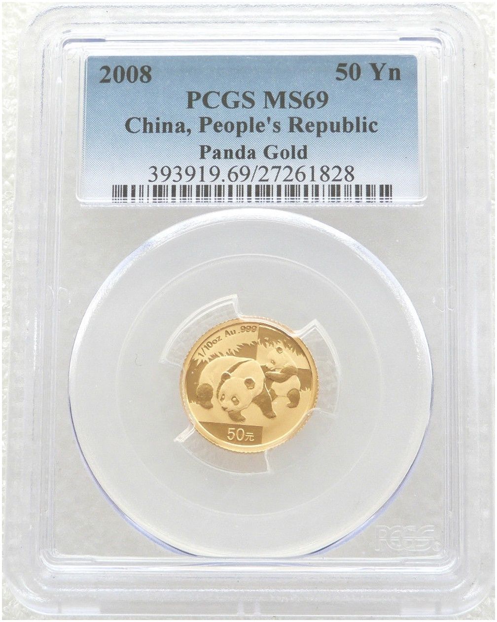 2008 China Panda 50 Yuan Gold 1/10oz Coin PCGS MS69