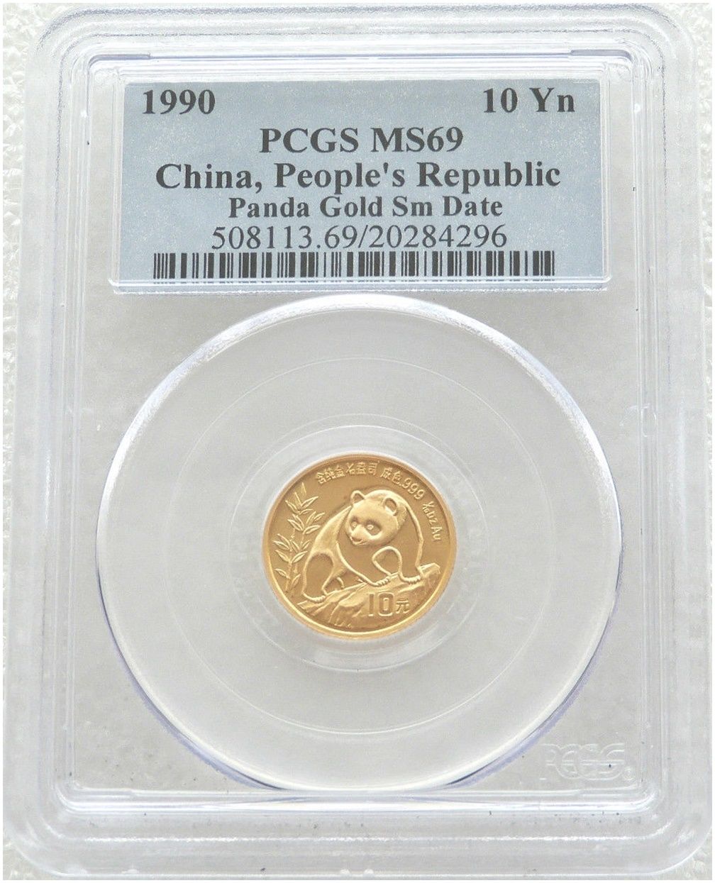 1990-SD China Small Date Panda 10 Yuan Gold 1/10oz Coin PCGS MS69