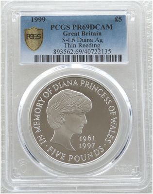1999 Lady Diana Memorial £5 Silver Proof Coin PCGS PR69 DCAM Mint Error Thin Reeding