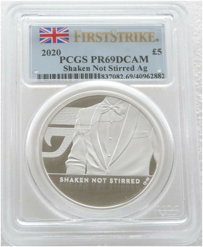 2020 James Bond 007 Shaken not Stirred £5 Silver Proof 2oz Coin PCGS PR69 DCAM First Strike
