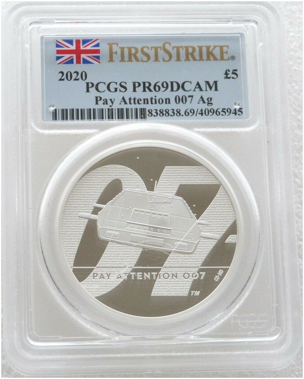 2020 James Bond Pay Attention 007 £5 Silver Proof 2oz Coin PCGS PR69 DCAM First Strike