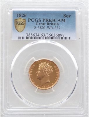 1826 George IV Bare Head Royal Arms Full Sovereign Gold Proof Coin PCGS PR63 CAM