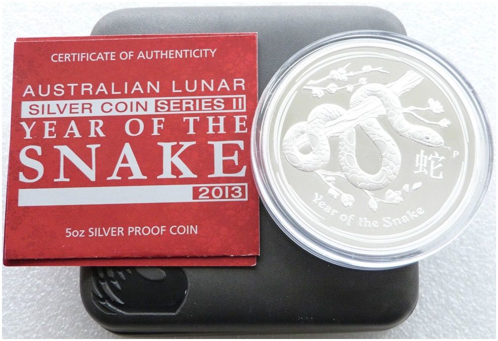 2013-P Australia Lunar Snake $8 Silver Proof 5oz Coin Box Coa