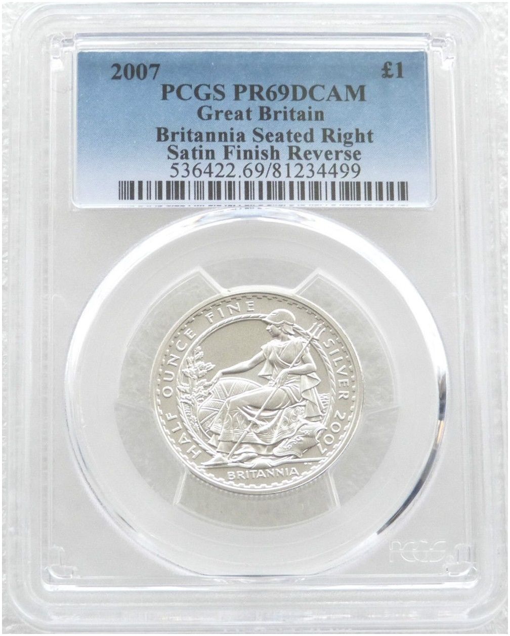 2007 Britannia £1 Silver Matte Proof 1/2oz Coin PCGS PR69 DCAM - 2005 Design
