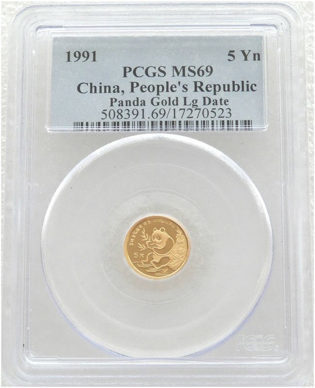 1991-LD China Large Date Panda 5 Yuan Gold 1/20oz Coin PCGS MS69