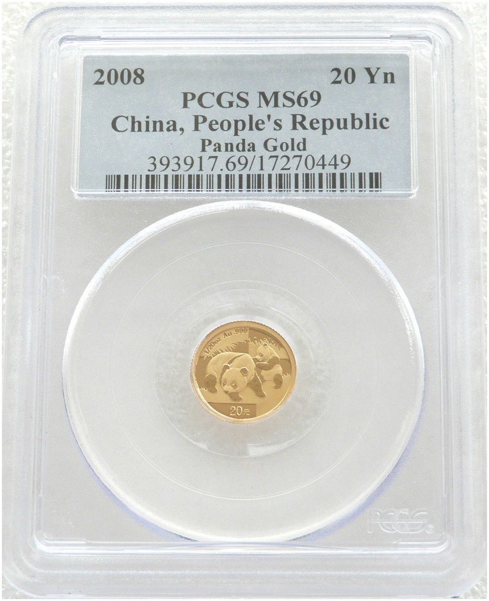 2008 China Panda 20 Yuan Gold 1/20oz Coin PCGS MS69