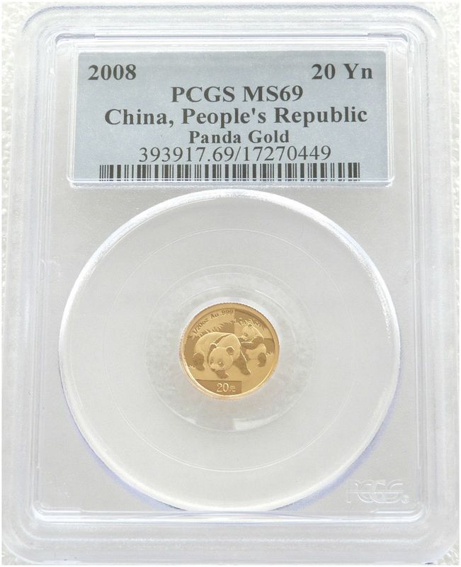 2008 China Panda 20 Yuan Gold 1/20oz Coin PCGS MS69