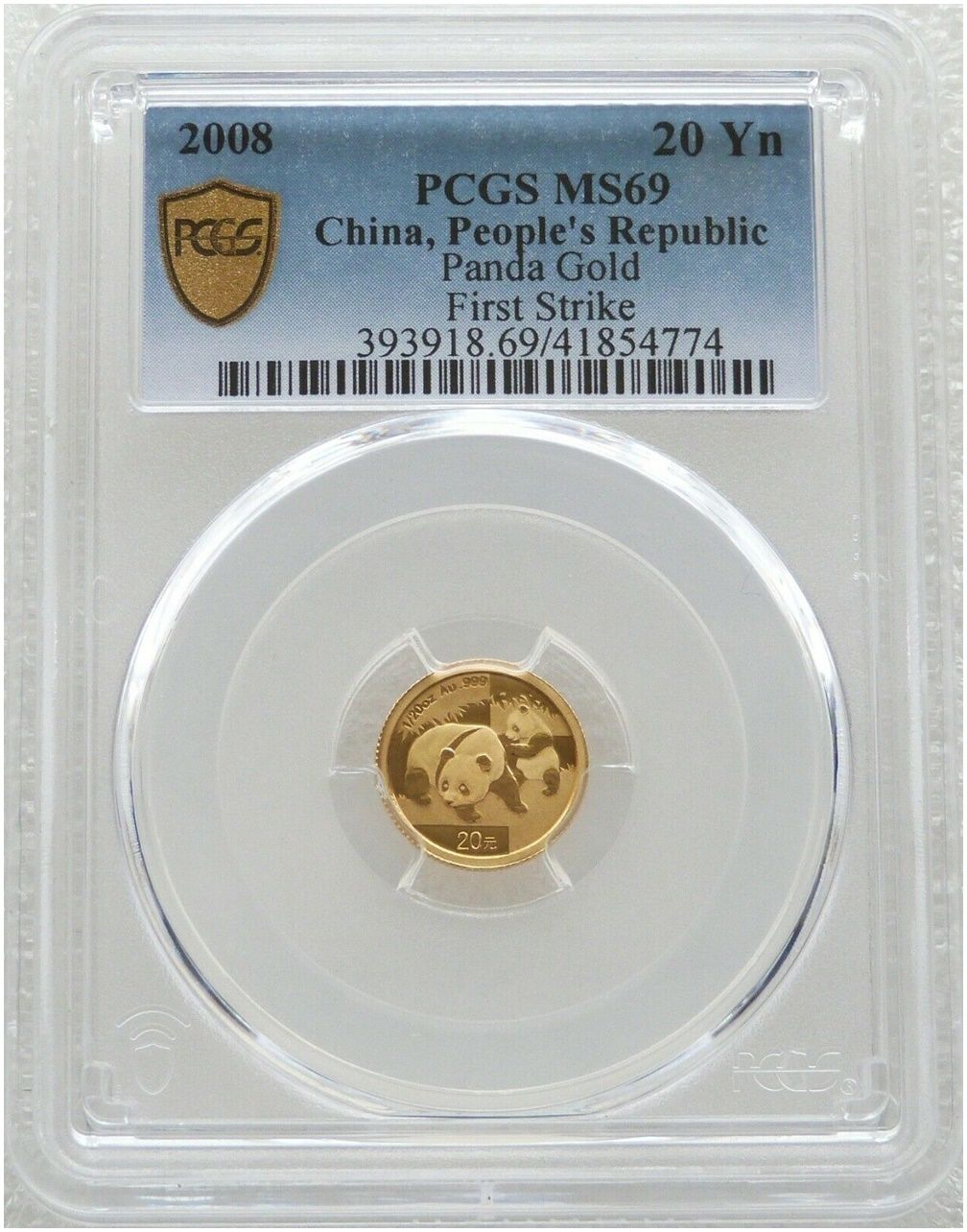 2008 China Panda 20 Yuan Gold 1/20oz Coin PCGS MS69 First Strike
