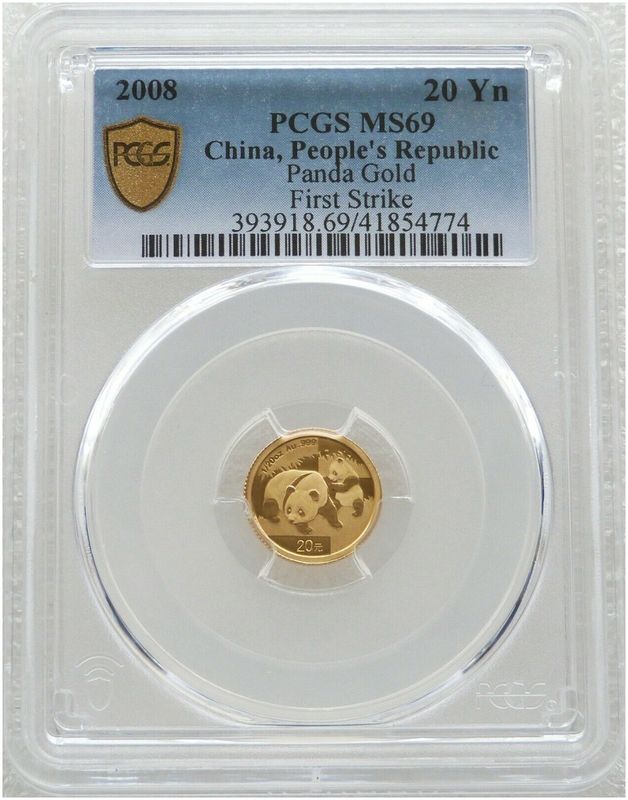 2008 China Panda 20 Yuan Gold 1/20oz Coin PCGS MS69 First Strike