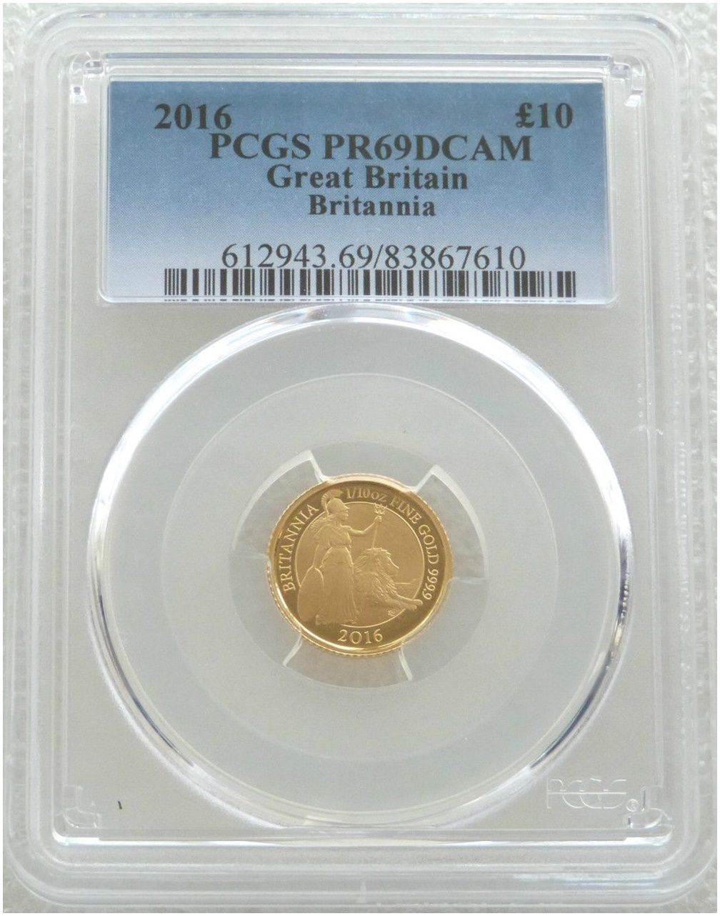 2016 Britannia £10 Gold Proof 1/10oz Coin PCGS PR69 DCAM - Mintage 293
