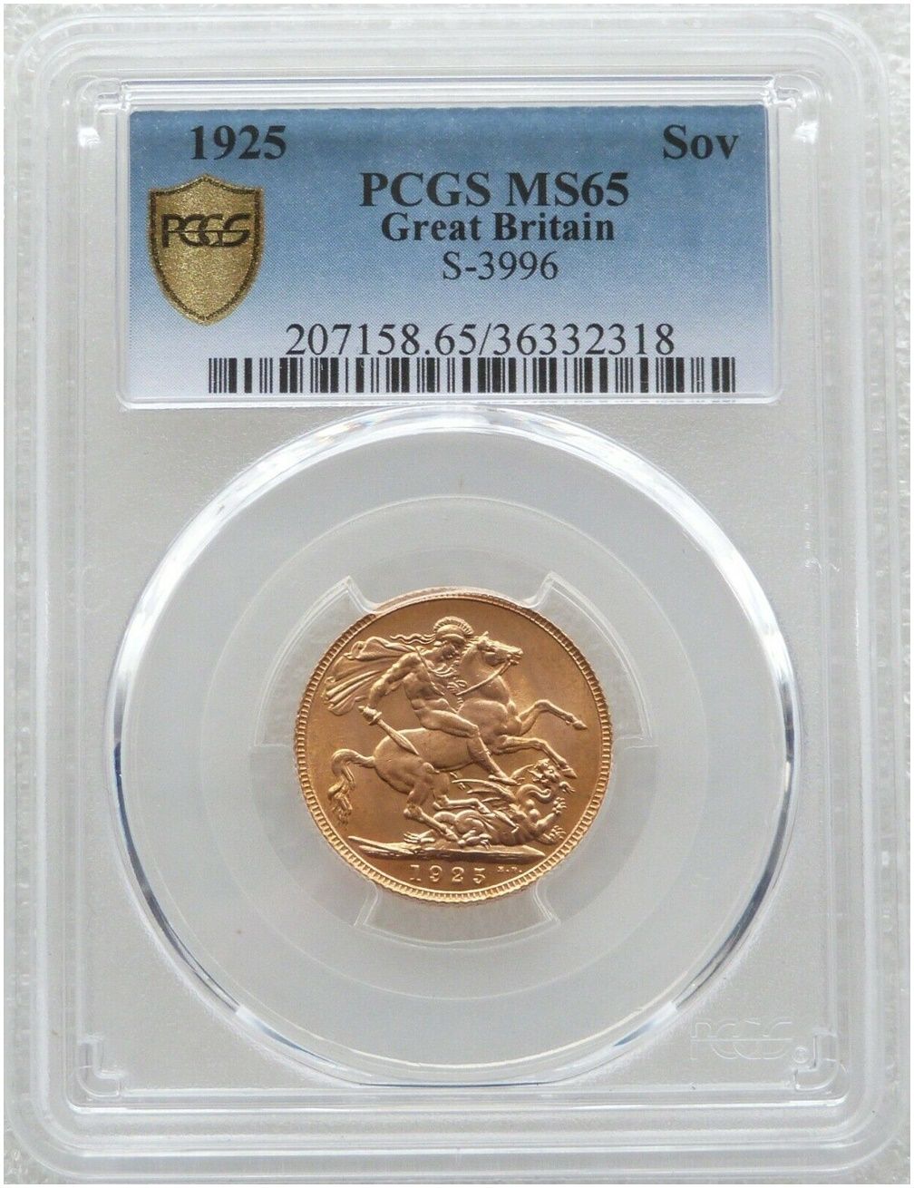 1925 George V Bare Head Full Sovereign Gold Coin PCGS MS65