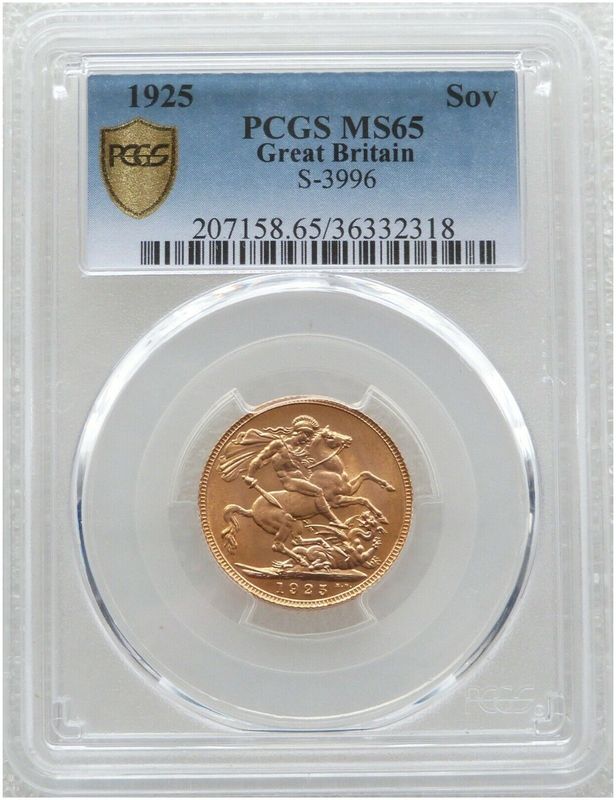 1925 George V Bare Head Full Sovereign Gold Coin PCGS MS65