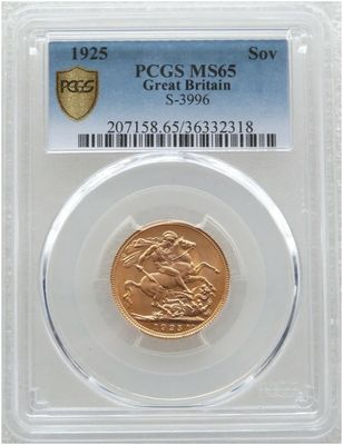 1925 George V Bare Head Full Sovereign Gold Coin PCGS MS65
