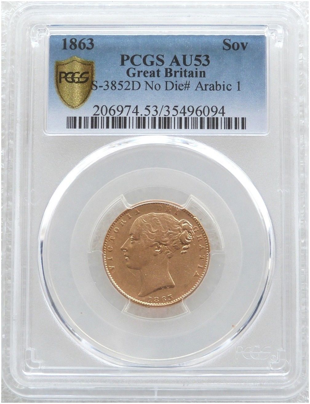 1863 Victoria Shield Full Sovereign Gold Coin PCGS AU53 Arabic I