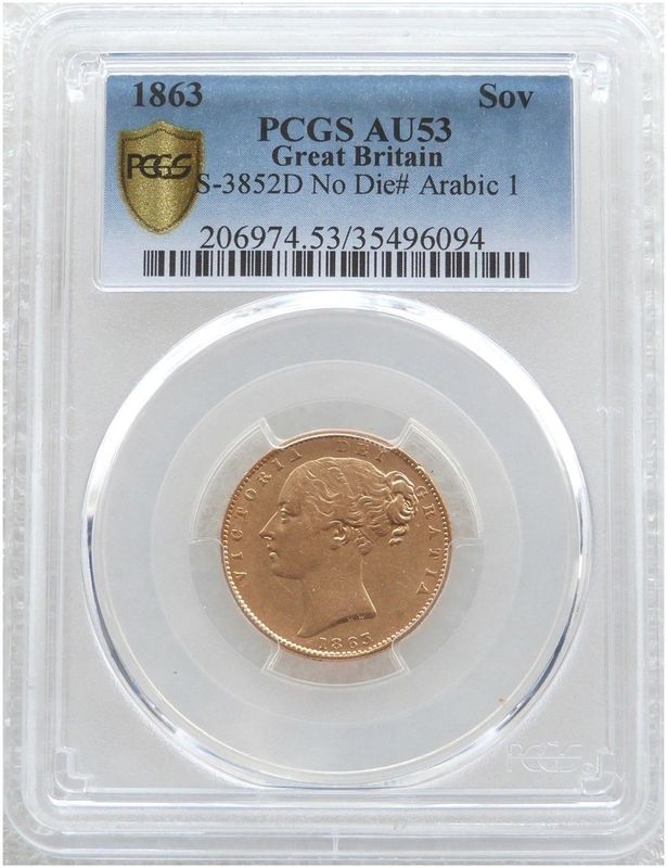 1863 Victoria Shield Full Sovereign Gold Coin PCGS AU53 Arabic I
