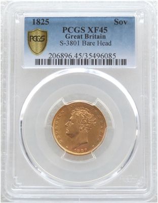 1825 George IV Bare Head Royal Arms Full Sovereign Gold Coin PCGS XF45