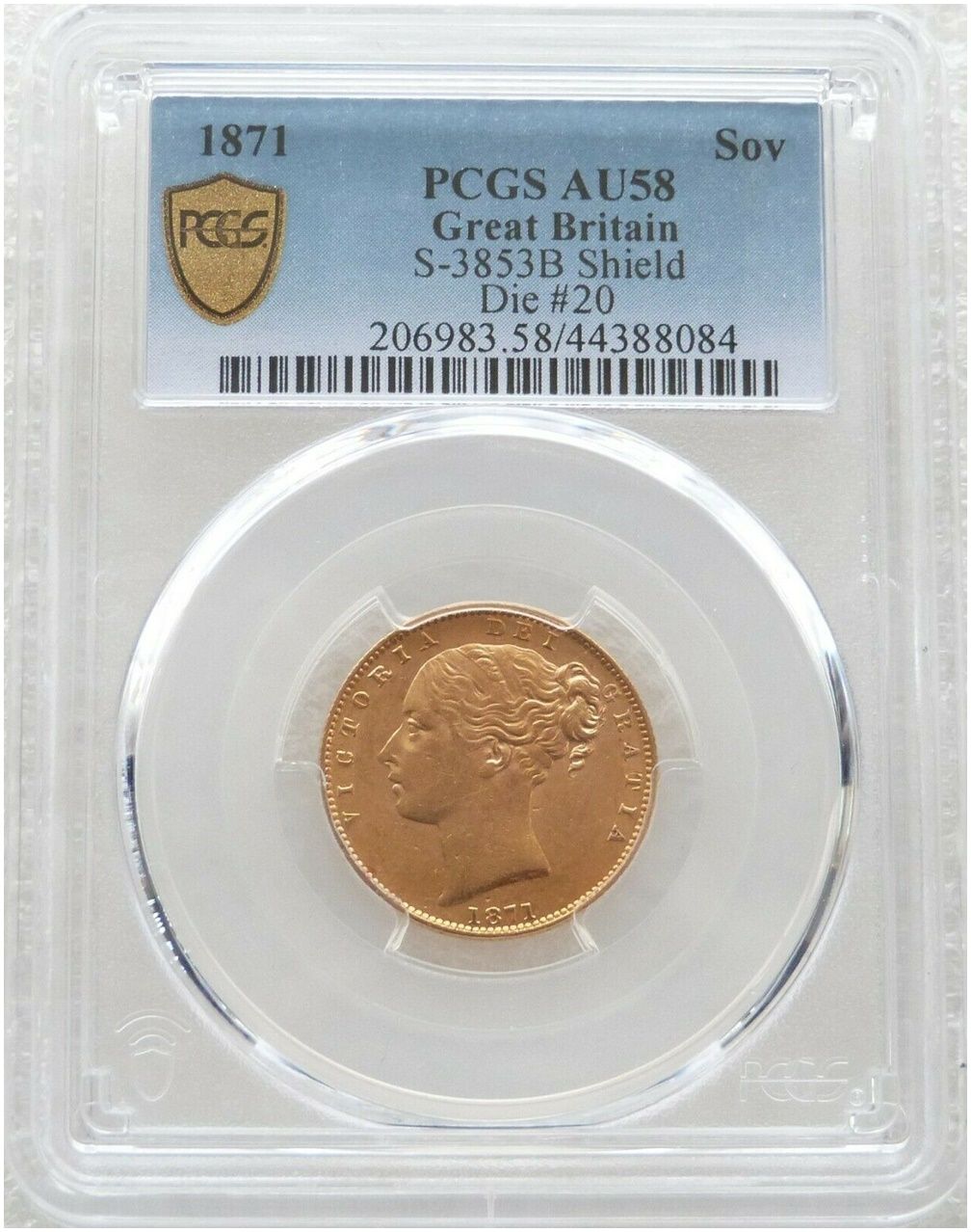 1871 Victoria Shield Full Sovereign Gold Coin PCGS AU58 - Die 20