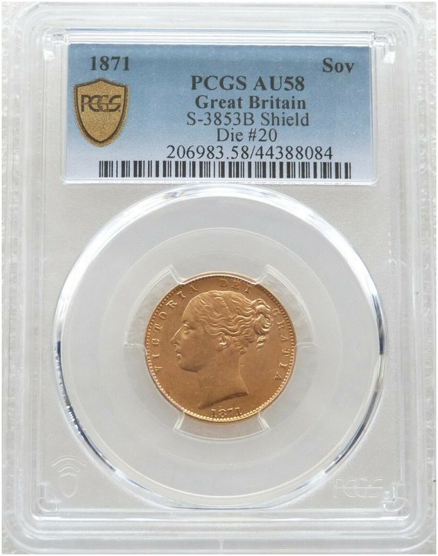 1871 Victoria Shield Full Sovereign Gold Coin PCGS AU58 - Die 20