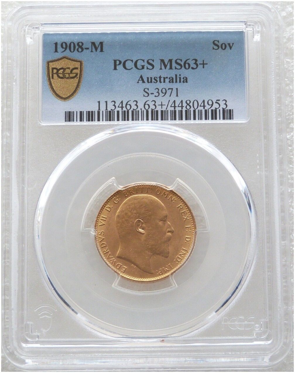 1908-M Australia Melbourne Edward VII Full Sovereign Gold Coin PCGS MS63+