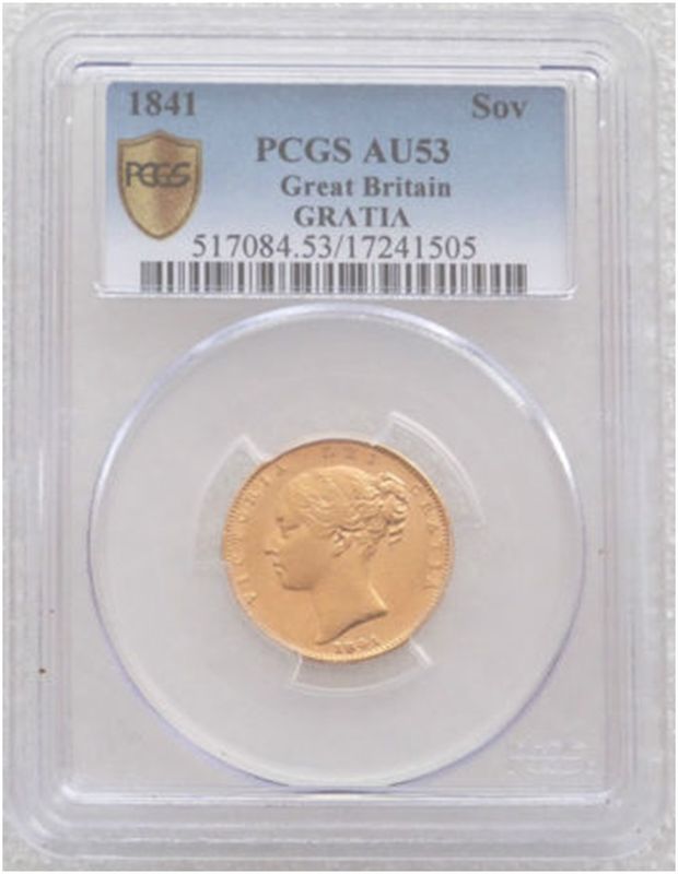 1841 Victoria Shield Full Sovereign Gold Coin GrΛtiΛ Unbarred PCGS AU53