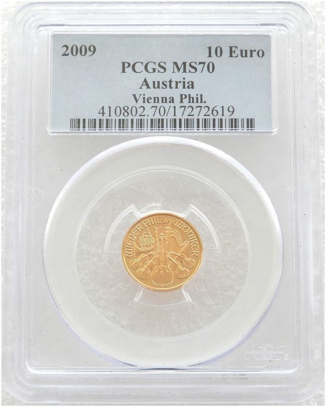 2009 Austria Vienna Philharmonic 10 Euro Gold 1/10oz Coin PCGS MS70